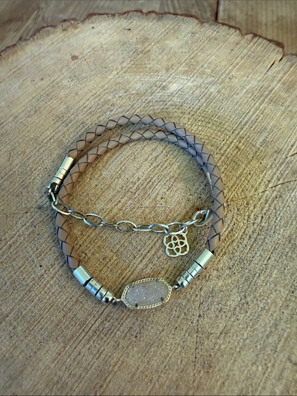 Kendra Scott Taupe Braided Leather Wrap Bracelet with Sparkling Druzy Charm